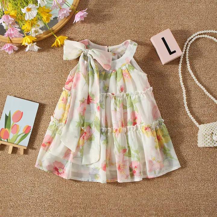 Vestido De Verano Para Bebés Niñas Estilo Florido Con Lazo En El Cuello Y Patrón De Flores Vestido Casual De Poliéster Para Niñas De 0 a 3 Años - 1