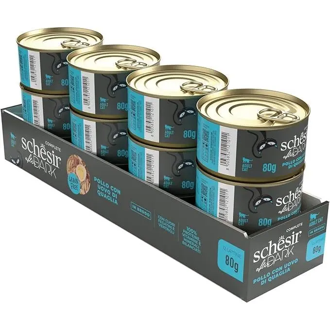Schesir After Dark, Sabor Pollo y huevo de codorniz en caldo alimento húmedo Completo para Gatos Adultos (latas 12 de 80 g) - 1