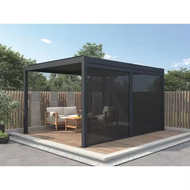 Vente-unique - Pérgola bioclimática autoportante eléctrica antracita en aluminio con lamas orientables y cortina retráctil 3,67 m - 12 m² - AMADORA - 1