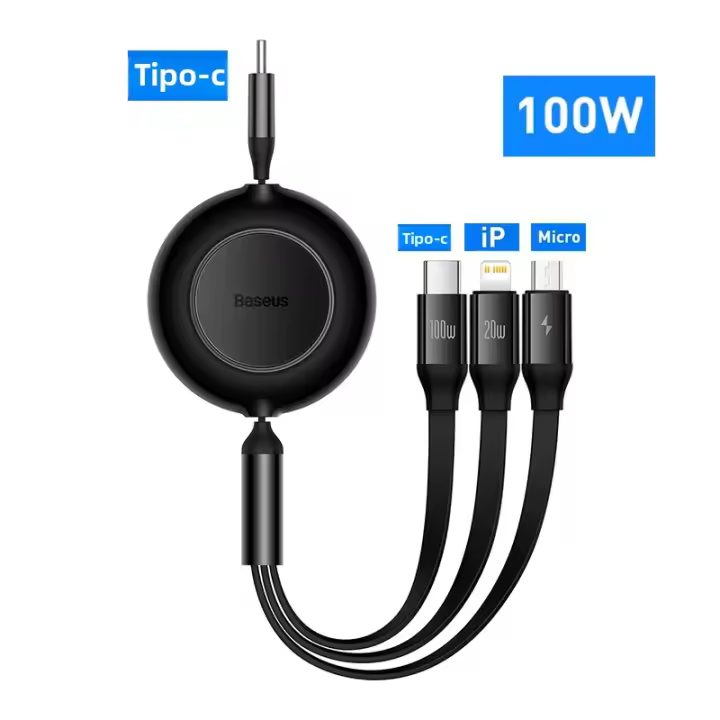 Cable De Carga Retráctil 100W/66W 3 En 1 USB Para MacBook Samsung Xiaomi Y iPhone 14 Cable Tipo C De Baseus Con Corriente Máxima De 5A Material TPE/TPU - 1