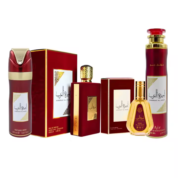 Pack Lattata original, Princesa de Arabia, Eau De Parfum Ameerat Al Arab 100ml + Eau De Parfum Ameerat Al Arab 50ml + Spray Desodorante Corporal 200ml + Air Freshner (Ambientador) 300ml  by Lattafa - Fragancias Orientales de Lujo y Sofisticación - 1
