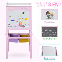 HOMCOM Pizarra Infantil Caballete 3 en 1 Pizarra de Doble Cara Caballete para Niños de +3 Años con Rollo de Papel y 2 Cestas de Almacenamiento 58,5x50,5x118 cm Rosa - details 0