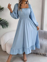 Vestido Largo Elegante De Verano Con Cuello Cuadrado Y Mangas Largas Para Damas De Honor Vestido De Mujer Con Borde Volante Y Cintura Alta - details 21