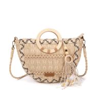 Bolso artesanal de rafia natural para mujer, bolso boho chic hecho a mano con asa redonda de madera y asa larga de rafia, forro de lino y detalles en macramé, ideal para verano, ciudad o escapadas | MAC&NOA - details 2
