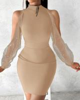 Vestido Bodycon De Encaje Con Cuello Redondo Y Manga Larga Para Mujer Vestido Slim Con Cintura Ajustada Estilo Oficina Lady - details 4