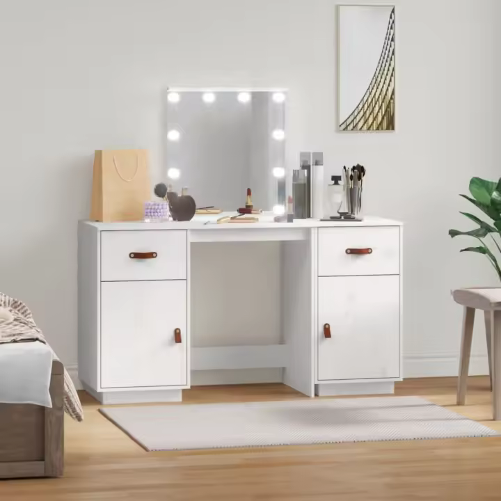vidaXL Juego de tocador con LED madera maciza de pino blanco - 1