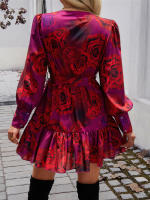 Vestido Largo De Manga Puffy Para Mujer Elegante Con Cuello En V Y Falda A-line Impresa Casual De Otoño E Invierno - details 3