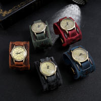 Reloj De Pulsera Para Hombre Punk Retro Con Correa Ancha De Cuero Reloj Militar De Cuarzo Con Pulsera De Cuero Display Sin Números - details 2