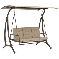 Outsunny Columpio de Jardín Exterior de 3 Plazas Balancín de Jardín Exterior Convertible en Cama con Toldo Ajustable Protección UPF30+ y Cojines Carga 330 kg 200x120x175 cm Caqui - details 0