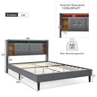 Cama tapizada Cabecero de Cama Doble with Almacén Marco de Cama with USB de carga e iluminación LED Somier de lámparas de Madera, 140*200CM Gris (sin colchón) - details 8