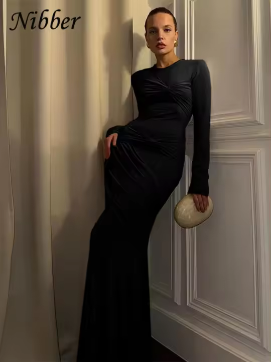 Vestido Nibber Knot Ruched Para Mujer Elegante Y Simple De Tendencia Otoñal Con Cuello Redondo Manga Larga Y Ajustado De Maxi Estilo Bodycon - 1