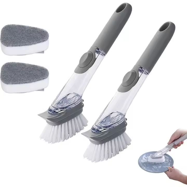 SOMY Piezas Cepillo para Platos de Cocina, Cepillo de Cocina 3 en 1 con Mango Largo, Cepillo con Depósito de Líquido para Lavar Platos, Cepillo para Fregar con Mango, para Lavar Ollas, Sartenes, Cubiertos - 1