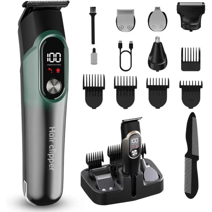 Cortadora de pelo para hombres, profesional, 5 en 1, con cable o inalámbrica, para barba, nariz, orejas, cuerpo, con tecnología de carga inteligente (verde) - 1