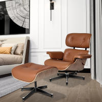 EU Stock TY305 Classic Recliner Light Walnut Armchair With Light Brown Cowhide Black Big Head Foot Swivel Lounge Chair Furniture Office Lunch Break Chair Living Room Comfort Lounge Chair Genuine Top Layer Cowhide Aluminum Alloy Big Head Feet - details 6