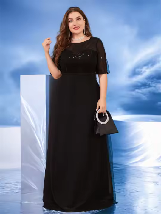Vestido De Noche Elegante De Talla Grande Con Encaje Y Hombros Descubiertos Vestido De Boda De Seda Negra Mermaid Para Mujer Fiesta Maxi Prom - 1
