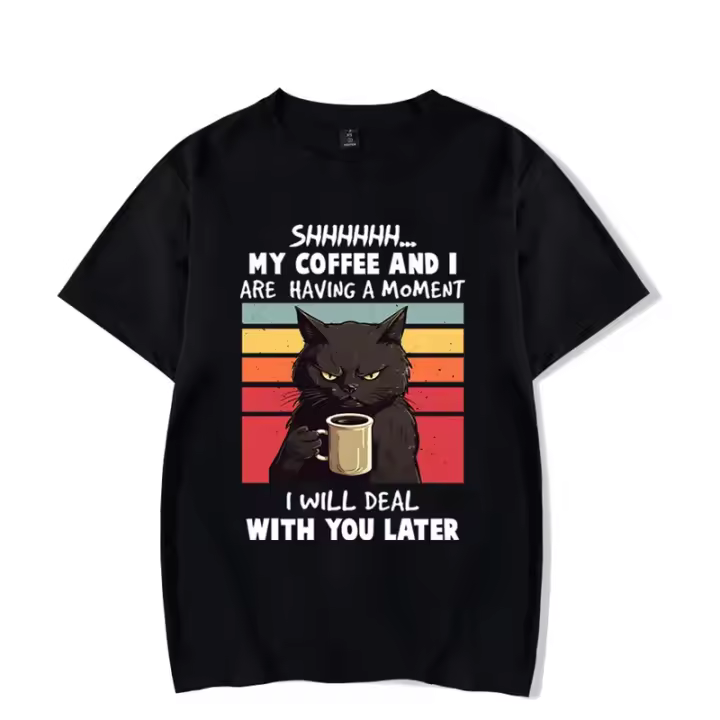 Camiseta Gráfica My Coffee And I Are Having a Moment Negro Gato Harajuku Casual Manga Corta Hombre Estilo Crew Neck Polyester - 1