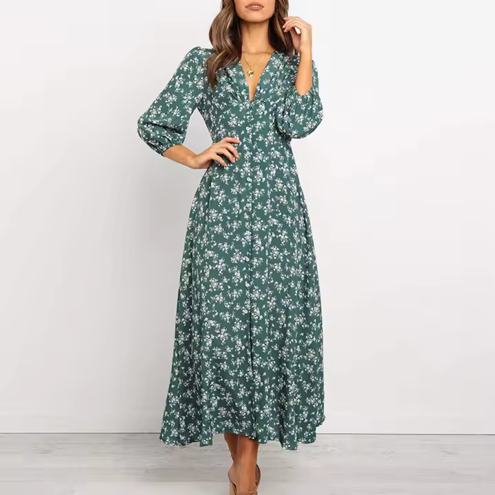 Vestido Bohemio De Florales Para Mujer Largo Manga Casi Hasta El Codo Estilo Casual Cintura Alta Impresión Vestido Maxi Para Playa - 1