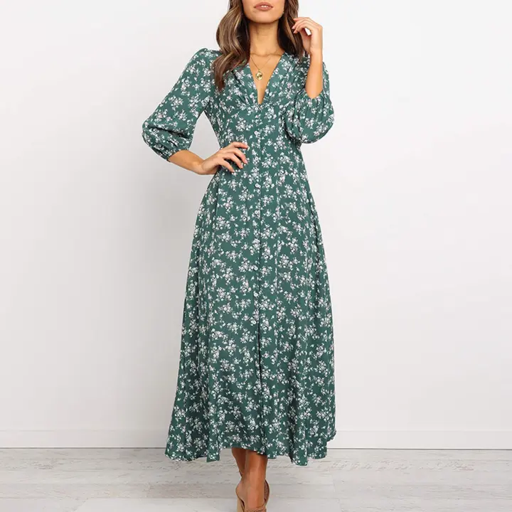 Vestido Bohemio De Florales Para Mujer Largo Manga Casi Hasta El Codo Estilo Casual Cintura Alta Impresión Vestido Maxi Para Playa - 1