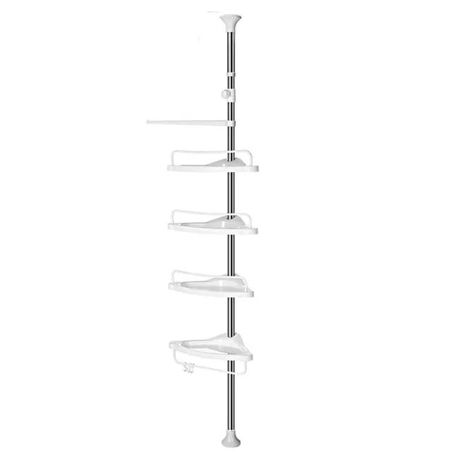 Estante de Baño Ajustable, Columna de Ducha Telescópica, 100-260 cm y 100-320cm, de Suelo a Techo, con Marco de Acero Inoxidable, 4 Bandejas, 3 Ganchos, 1 Toallero, Blanco