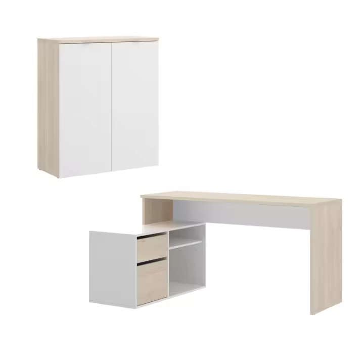 Dekit Pack Muebles de Oficina ROX con Mesa Escritorio Reversible y Armario Bajo Natural / Blanco Brillo - 1