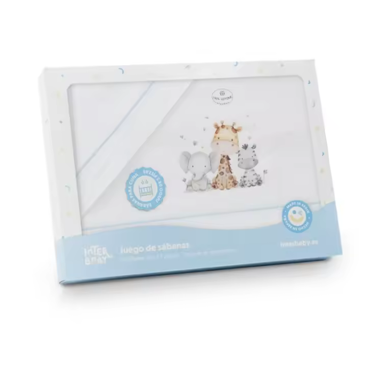 Sábanas Minicuna 100% Algodón  50X80 (bajera+encimera+funda almohada) Modelo  Jirafa Elefante Interbaby - 1