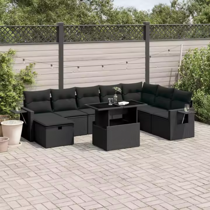 vidaXL Set de sofás de jardín 8 piezas y cojines ratán sintético negro - 1