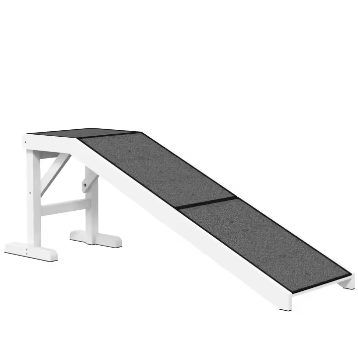 PawHut Rampa para Perros de Madera Rampa para Mascotas con Alfombra Antideslizante para Perros Pequeños Medianos y Grandes 152x40x50 cm Blanco y Gris - 1