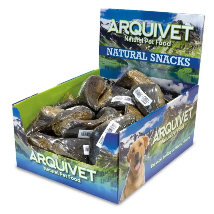 Pezuña de búfalo rellena de Hígado de Búfalo - Caja expositora de 20 Unidades - 1.500 g - Snack Natural para Perros - Arquivet - Cuidado Dental - 1