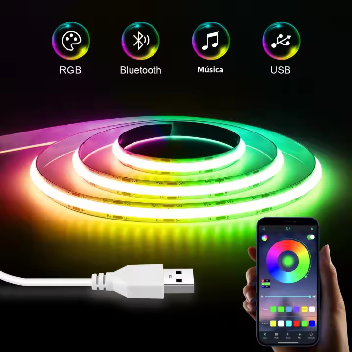 Tira De Luces LED Inteligente Bluetooth Control Por App 5V USB COB RGB Adhesivo Para Decoración De Habitaciones 1m 2m 3m 5m - 1