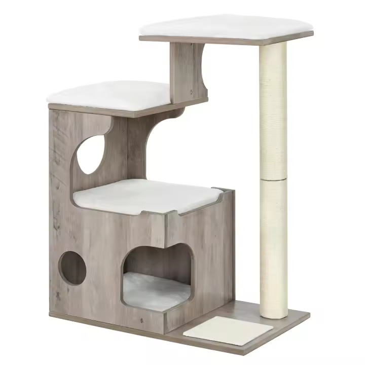 Rascador para gatos vintage de 88 cm con cueva y 3 camas, árbol de mdf con chapa de madera, poste de sisal y piel de imitación lavable - 1