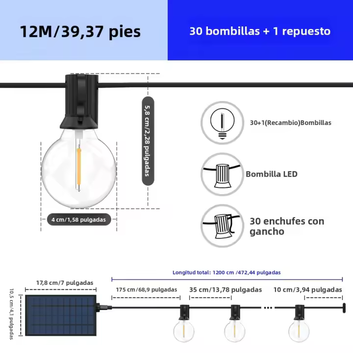 Luces De Cadena Solar Para Exterior G40 Con Bombillas LED Inalámbricas Y Resistente Al Viento Para Patio Bistró Jardín - 1