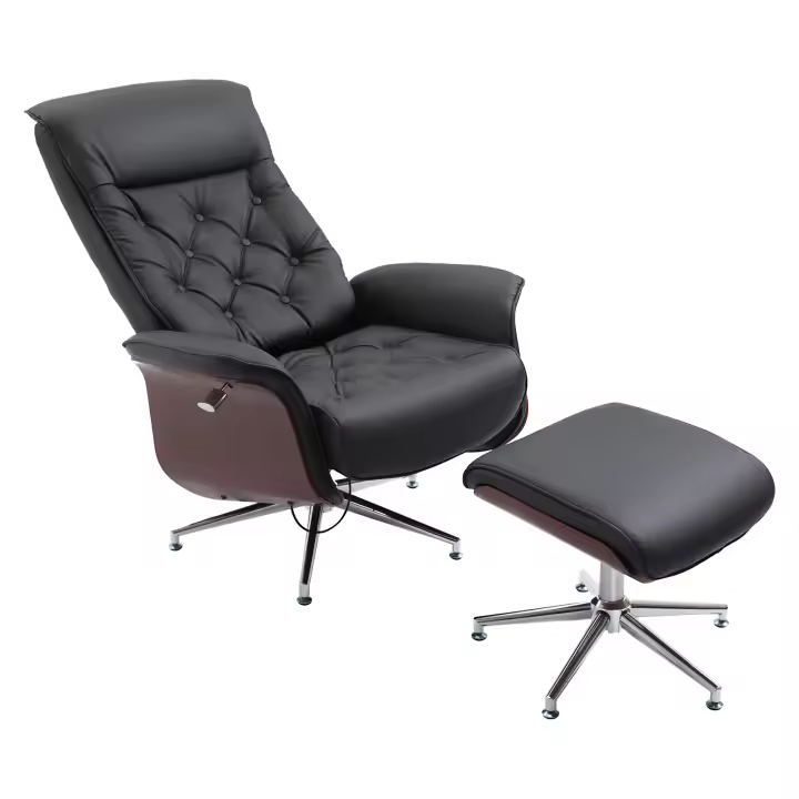 HOMCOM sillón reclinable con taburete sillón de televisión sillón tapizado 360° giratorio 145° inclinable con diseño retro Chesterfield cubierta de PU revestimiento de madera base de metal negro 82 x 83 x 110 cm - 1
