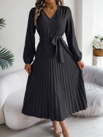 Vestido Elegante De Mujer Con Botones Y Cuello En V Manga Larga Plegado Con Cierre De Lazo Estilo Casual A-Line Para Primavera/Otoño - details 24