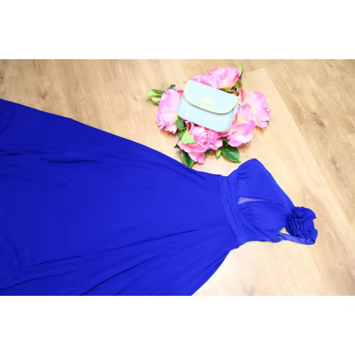 Vestido largo azul eléctrico para mujer, elegante con flor en el hombro, escote en V y falda fluida, ideal para fiestas, bodas, galas y eventos especiales de noche - 1