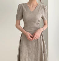Vestido Largo De Algodón Y Lino Para Mujer Estilo Retro Vintage Con Manga Corta Diseño Sólido A-Line Cuello V Moda De Oficina - details 35