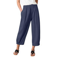 Pantalones Anchos De Algodón Para Mujer En Color Sólido Con Cintura Elástica Y Bolsillos Estilo Casual Vintage Streetwear - details 2