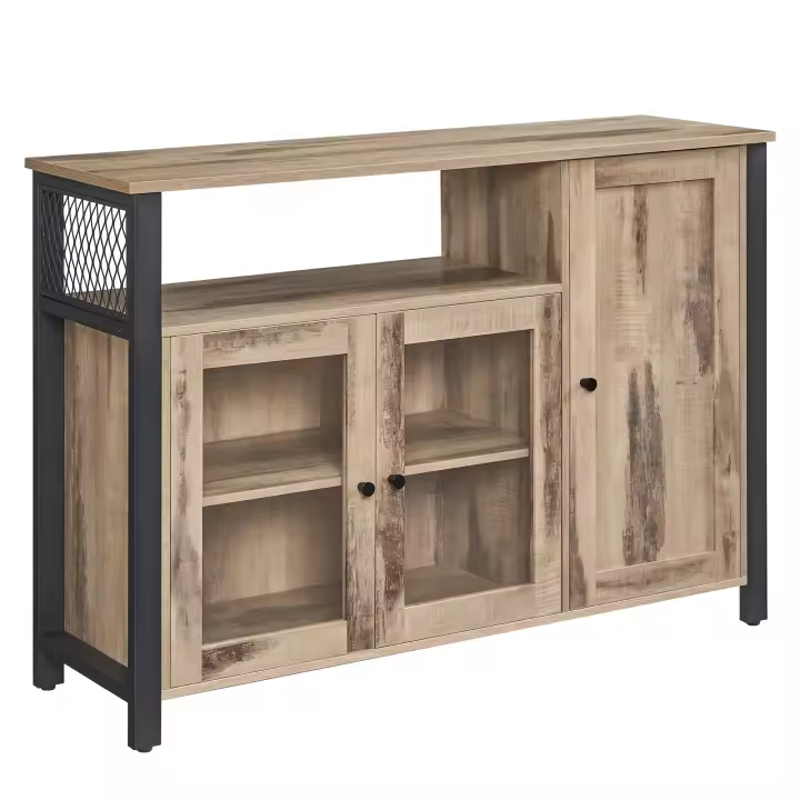 VASAGLE Aparador, Armario de Cocina, Armario de Almacenaje, con 3 Puertas, para Salón, Cocina, Comedor, 33 x 110 x 75 cm, Estilo Casa de Campo, Marrón Rústico y Negro/Marrón Roble y Negro Tinta - 1