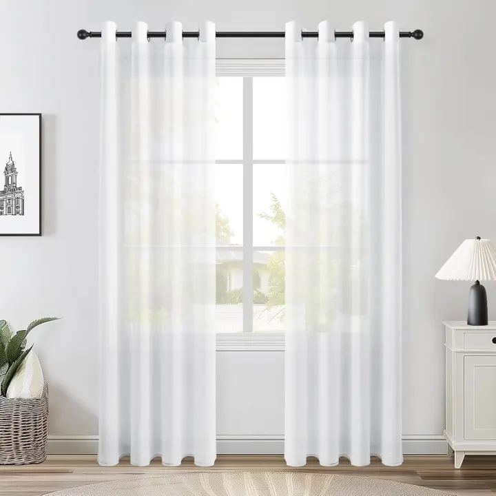 Cortinas para sala de estar, 2 piezas, 215 de largo, tul blanco, 140 x 215 cm, estilo moderno, con ojales para varilla, semitransparentes, para ventanas grandes, dormitorio y comedor. - 1