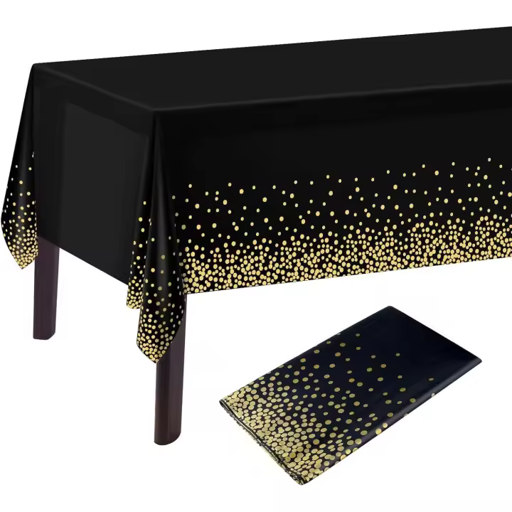 1 mantel de lunares dorados y negros, cubierta de mesa rectangular de plástico negra y dorada para fiestas de cumpleaños en negro y dorado - 1