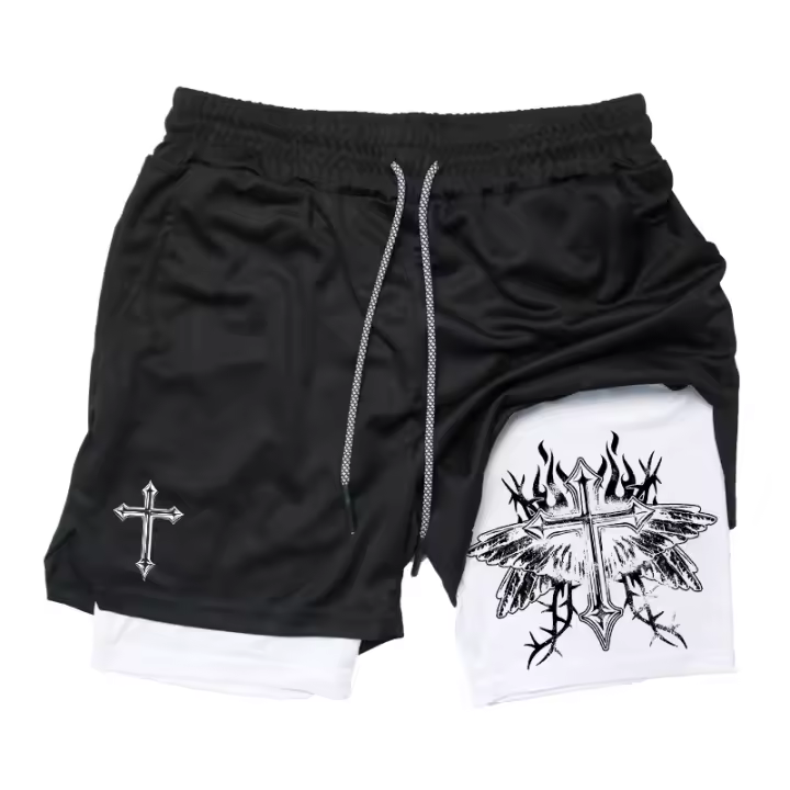 Shorts De Entrenamiento Para Hombres Con Estampado Cristianos 2 En 1 Para Correr Y Gimnasio Con Bolsillo Para Teléfono Y Anillo De Toalla - 1