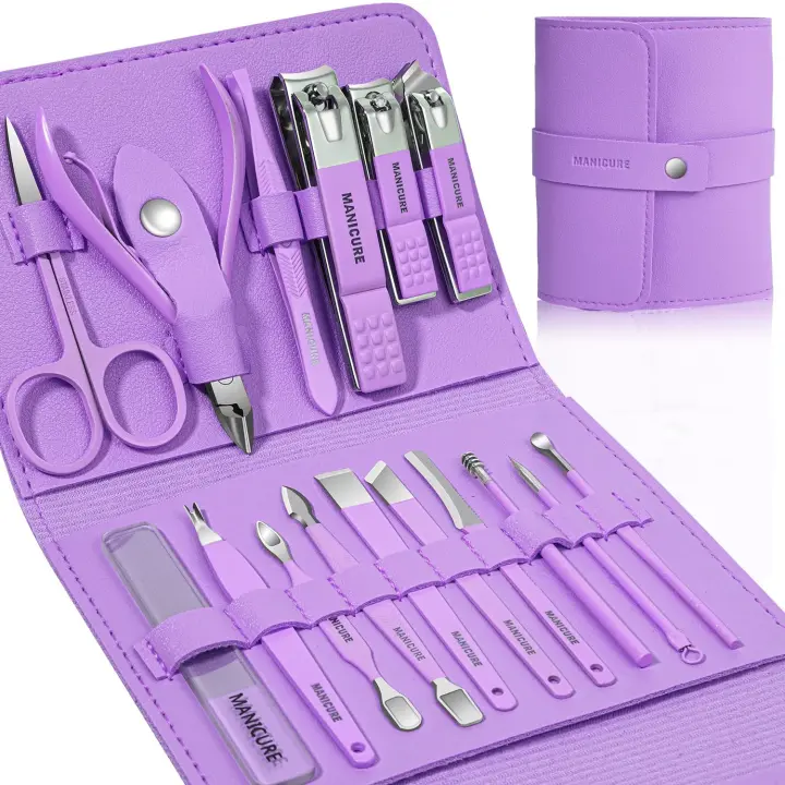 Juego de manicura y pedicura profesional, cortaúñas, 16 piezas, herramientas de cuidado de uñas de acero inoxidable, kit de cuidado (violeta) - 1