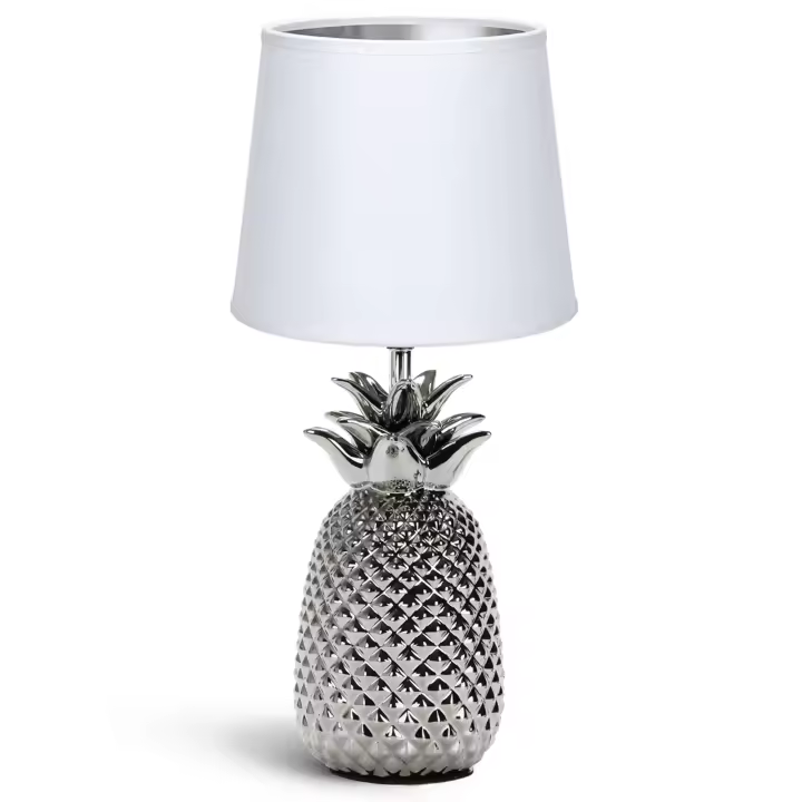 Aigostar Lampara de Mesa de Cerámica en Forma de Piña, Lámpara de Mesita de Noche Plateado con Pantalla de Tela, Casquillo E14, Lámpara de Cabecera para Dormitorio, Salón (sin Bombilla) -H36cm - 1