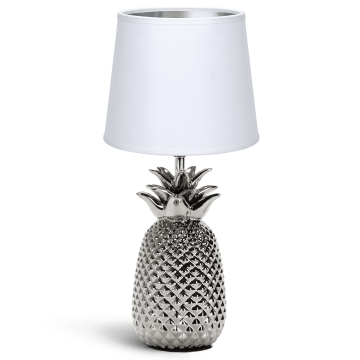 Aigostar Lampara de Mesa de Cerámica en Forma de Piña, Lámpara de Mesita de Noche Plateado con Pantalla de Tela, Casquillo E14, Lámpara de Cabecera para Dormitorio, Salón (sin Bombilla) -H36cm