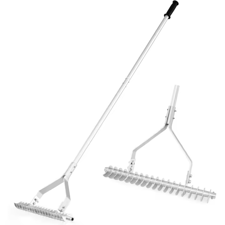 Rastrillo de paja de 50 cm de ancho para césped, limpieza de césped muerto y aflojamiento de tierra. Mango largo y 19 dientes curvos. Eficiente rastrillo manual de aluminio para jardín y eliminación de malezas. - 1