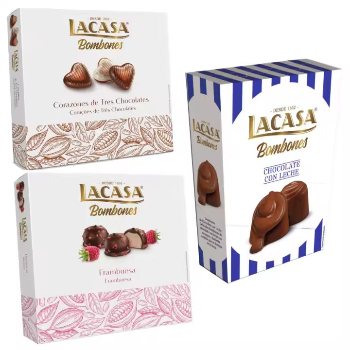 Pack Lacasa bombones chocolate con leche 72 G & bombones corazón tres chocolates 200 G & bombones frambuesa 200 g - 1