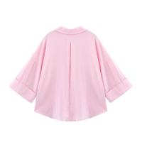 Camisa Asimétrica de Verano para Mujer – Estampado a Rayas, Mezcla de Lino, Mangas Anchas Rizadas, Cuello Versátil, Estilo Informal y Fresco - details 10