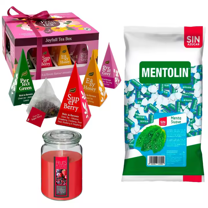 Pack bienestar: MENTOLIN MENTA SUAVE S/A BOLSA 1KG + Vela perfumada de frutos rojos + Caja de Té Joyfull con variedad de sabores - 1