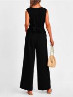 Traje De Mujer Elegante Y Moderno De Color Sólido Con Cuello En V Y Pierna Ancha Sin Mangas Traje De Verano Para Mujer - details 12