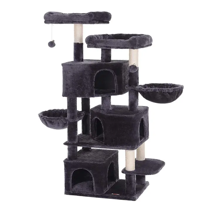 Casa para gatos grande de 164 cm, 3 cuevas, 2 hamacas, 2 plataformas, árbol rascador, color gris antracita o claro - 1