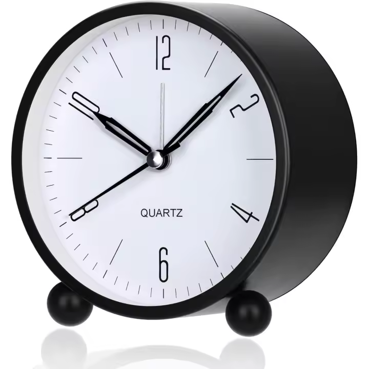 Reloj despertador analógico, esfera grande de 4 pulgadas, reloj despertador minimalista redondo de metal, reloj despertador de cabecera de moda, sin tictac, silencioso, funciona con pilas (negro) - 1